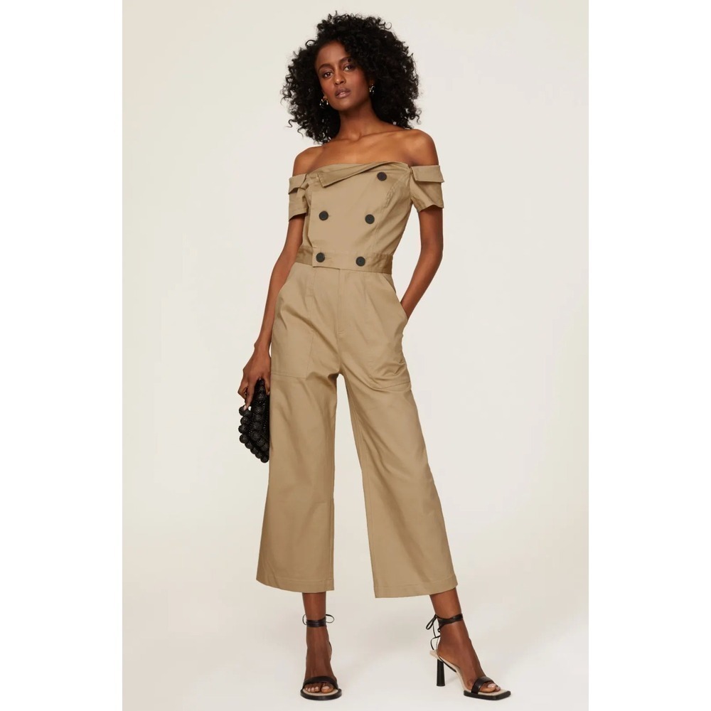 B58 Marissa Webb Off the Shoulder Jumpsuit 2 Khaki Double Breasted Wide Leg Crop